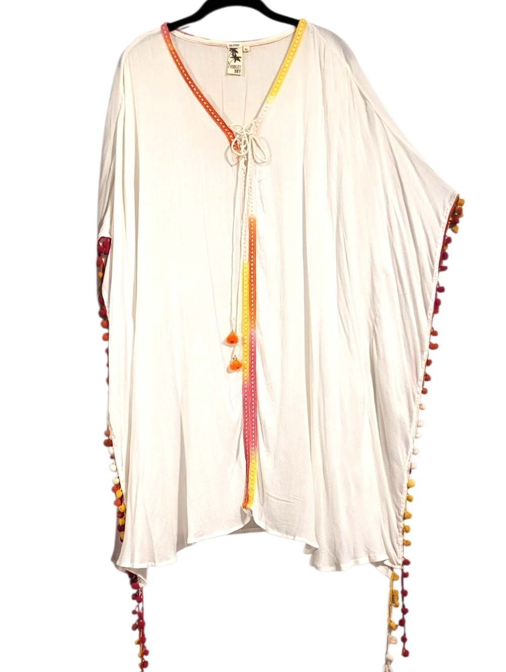 Violet Sky White Kaftan Kimono Beach Swimsuit Cover-up Colorful PomPoms XL - Picture 1 of 12